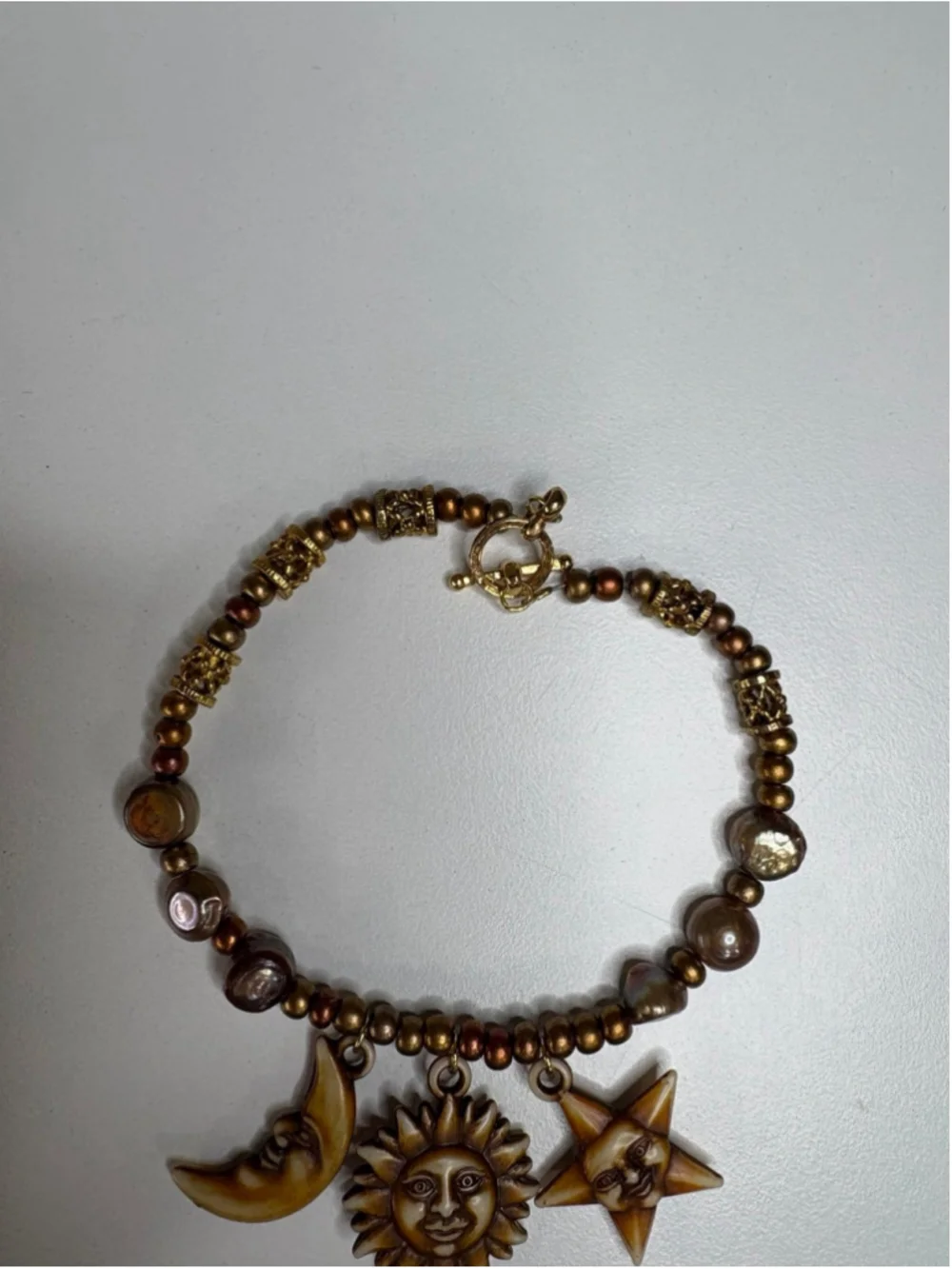 Handmade Sun Moon Star Beaded Clasp Bracelet 7.5” Earth Tones